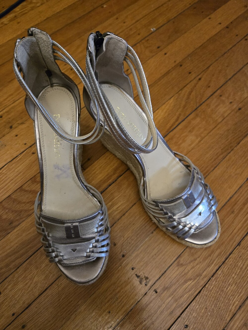 Enzo Angiolino Metallic Silver Wedge Sandals with Ankle Strap